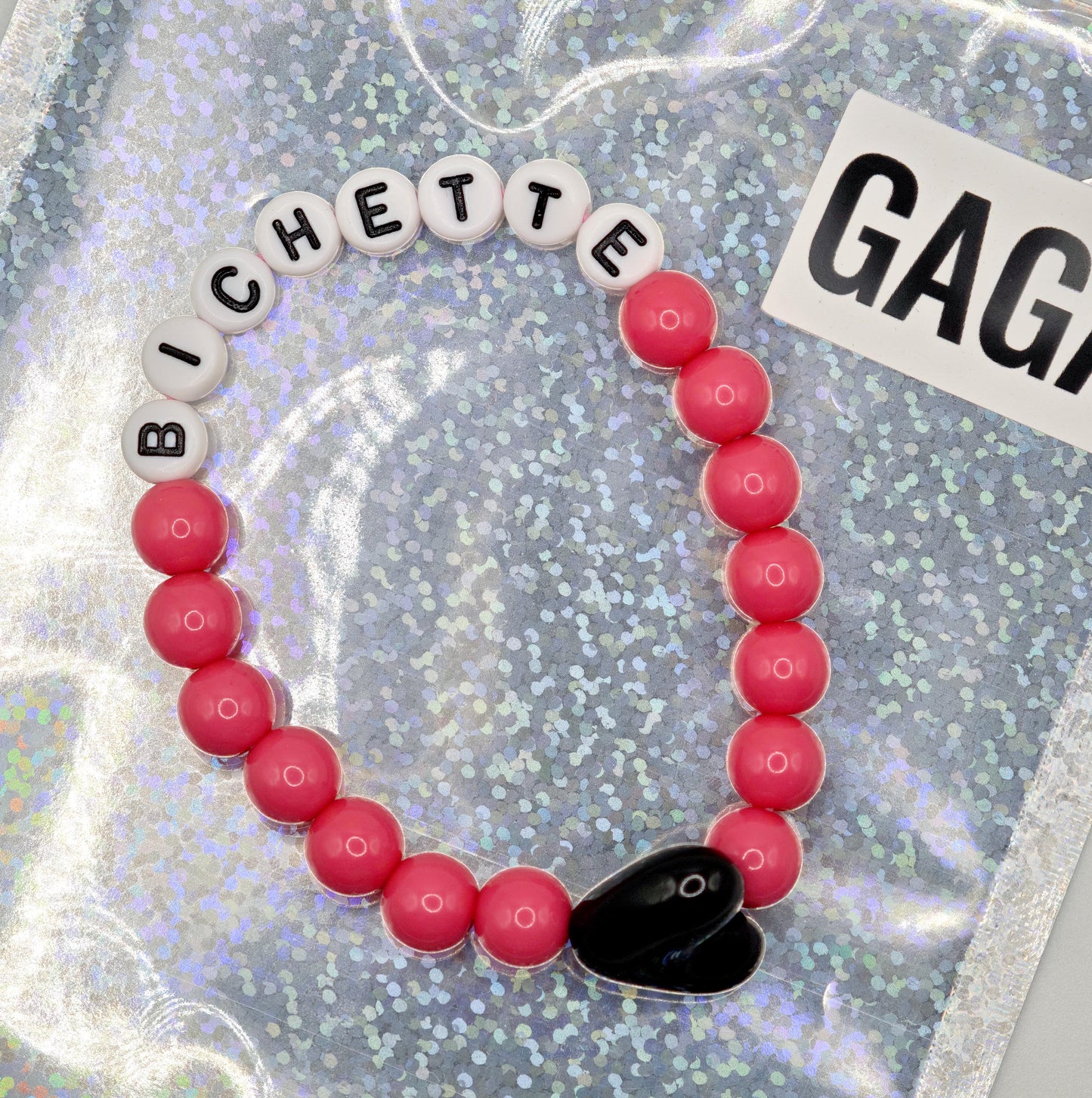 Bracelet GAGA - Fuchsia, Blanc & Maxi coeur Noir