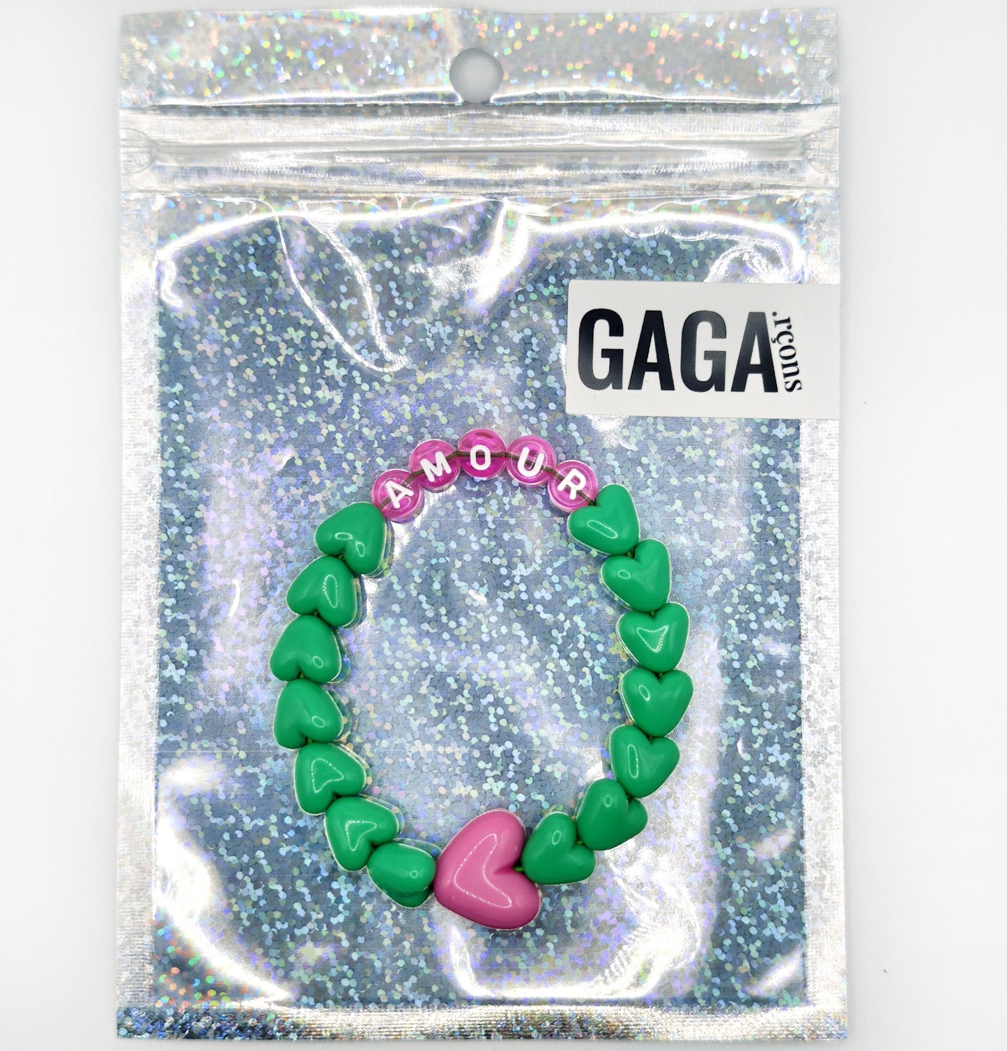 Bracelet GAGA - Vert flashy, Rose et Blanc & Maxi coeur Fuchsia