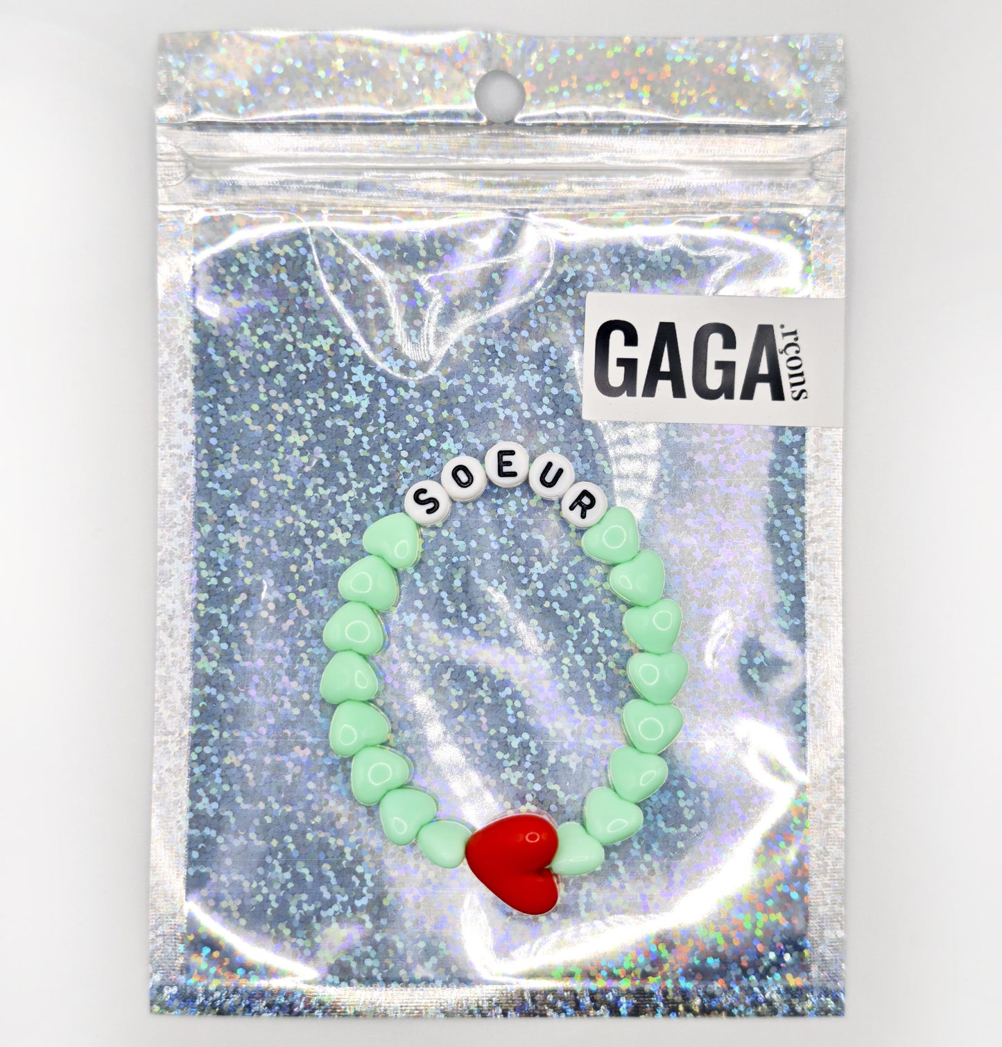 Bracelet GAGA - Menthe, Blanc doré & Maxi coeur Rouge