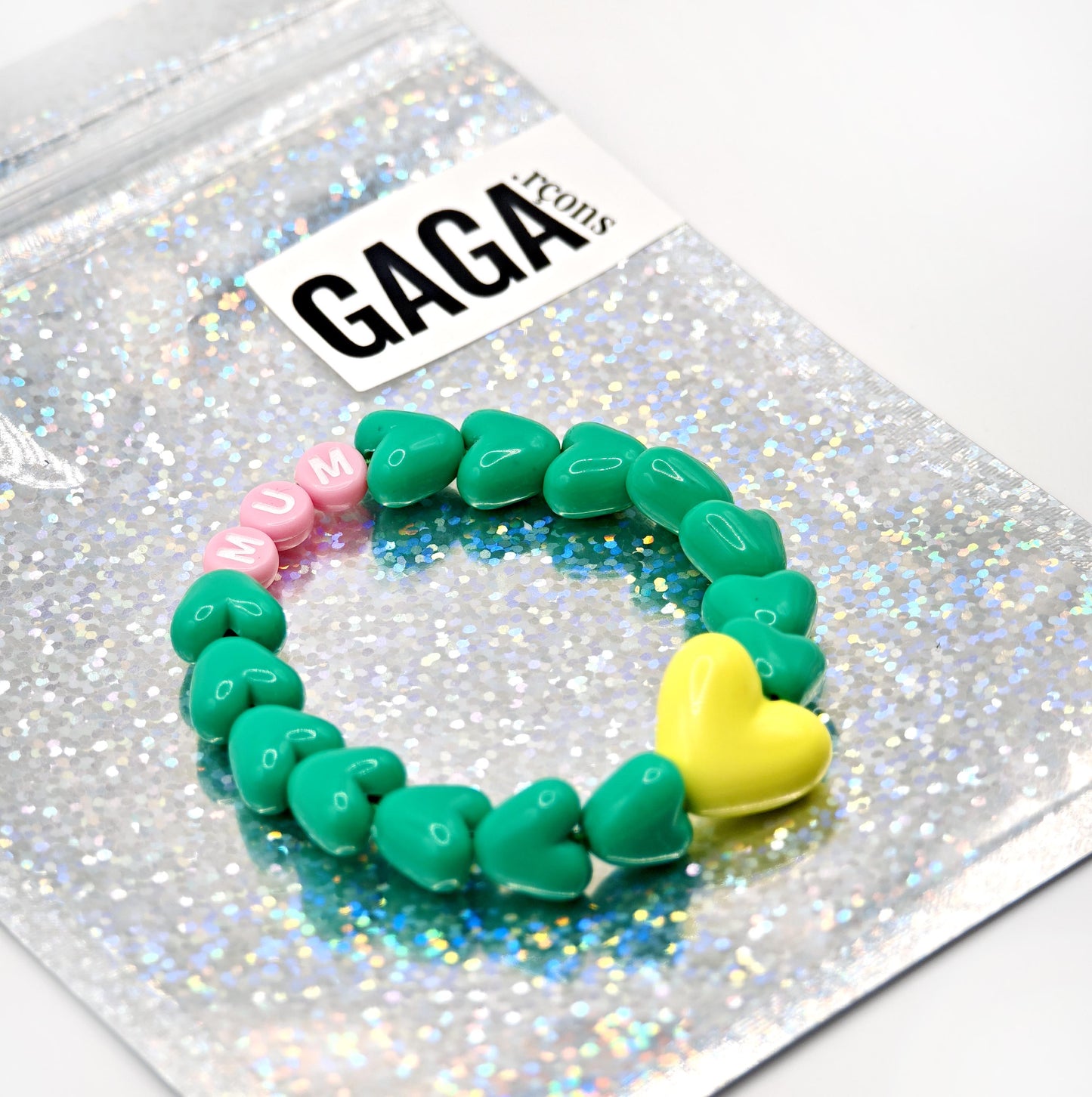 Bracelet GAGA - Vert flashy, Rose et Blanc & Maxi coeur Jaune flashy