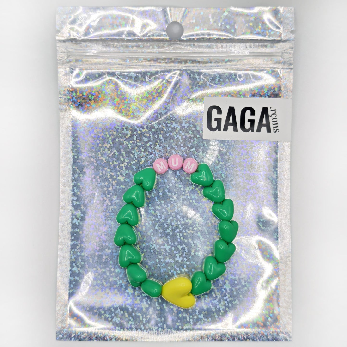 Bracelet GAGA - Vert flashy, Rose et Blanc & Maxi coeur Jaune flashy