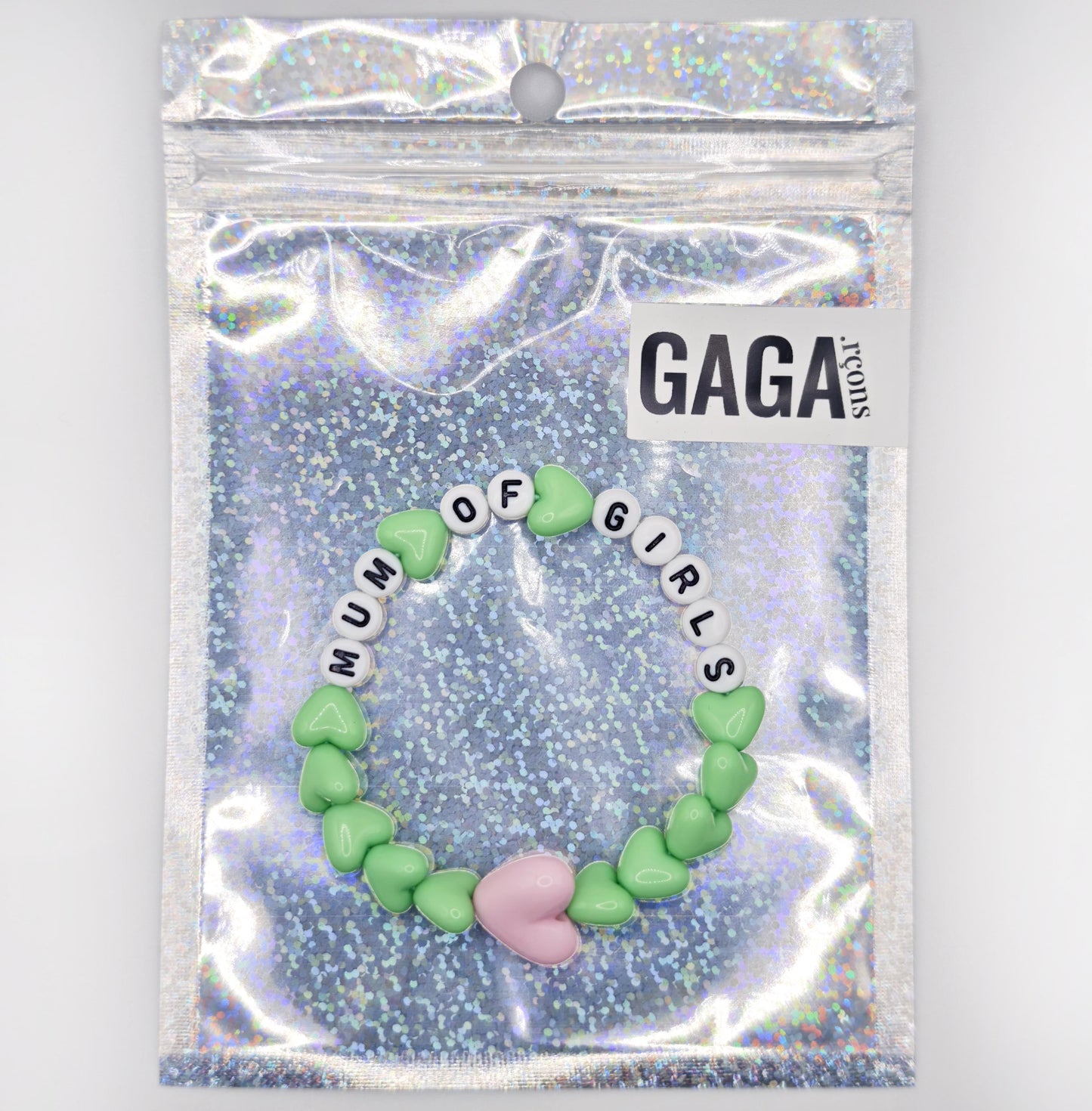 Bracelet GAGA - Vert pastel, Blanc et noir & Maxi coeur Rose