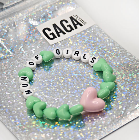 Bracelet GAGA - Vert pastel, Blanc et noir & Maxi coeur Rose