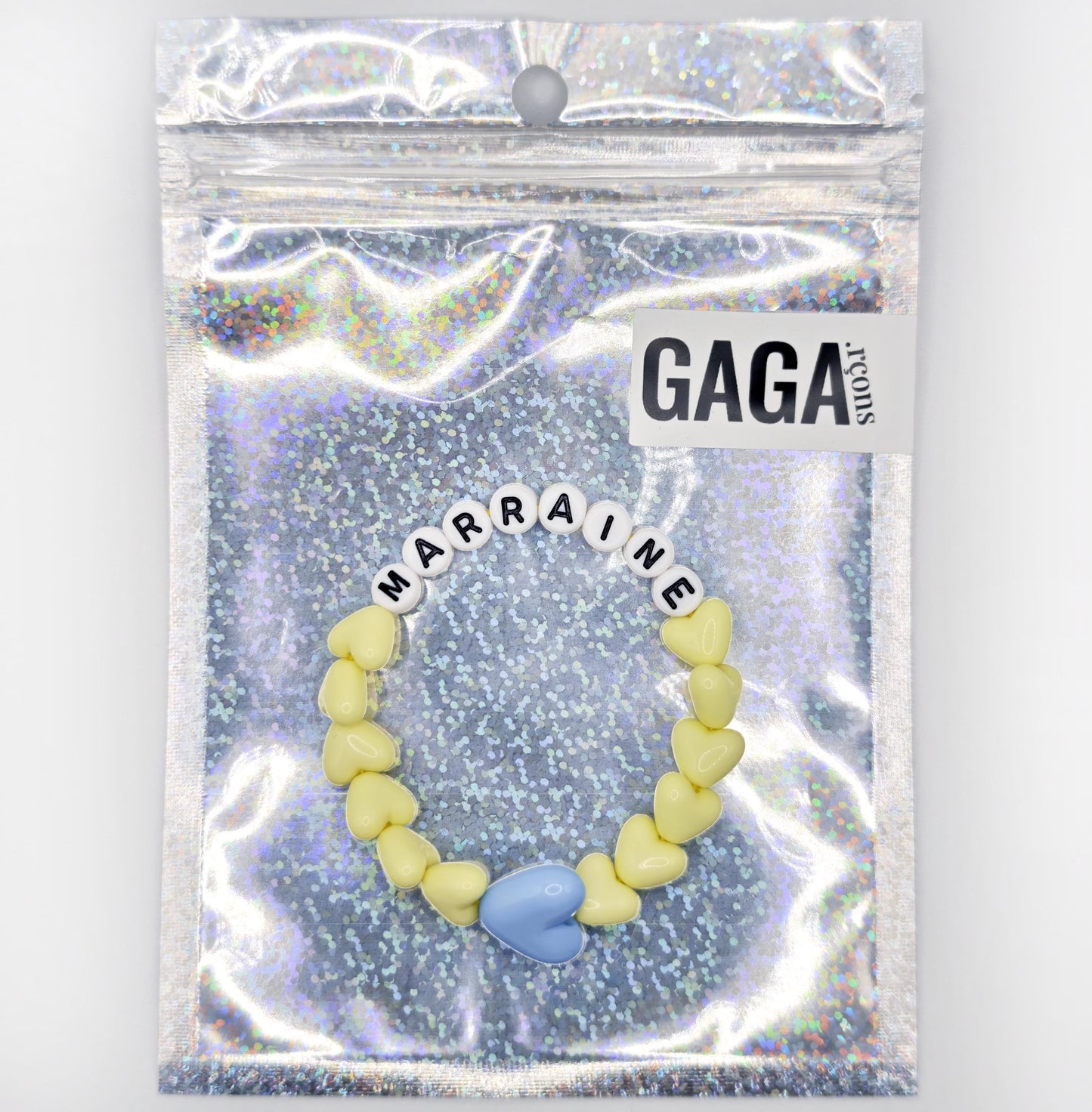 Bracelet GAGA - Jaune pâle, Blanc et noir & Maxi coeur Bleu