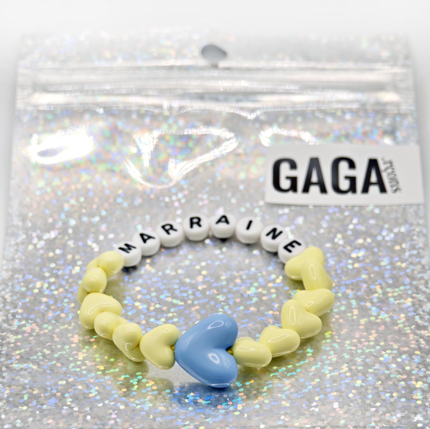 Bracelet GAGA - Jaune pâle, Blanc et noir & Maxi coeur Bleu