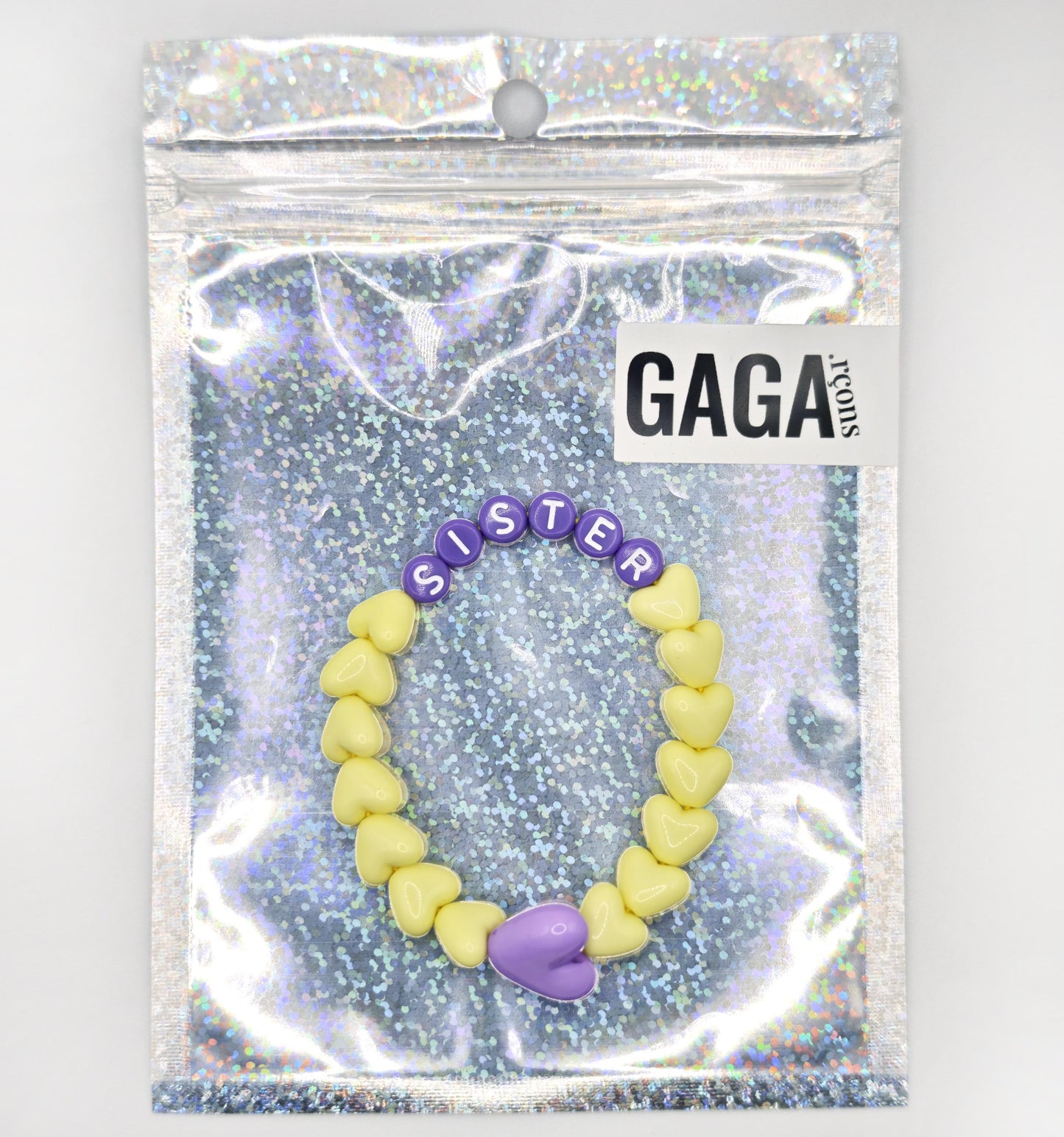 Bracelet GAGA - Jaune pâle, Violet et blanc & Maxi coeur Parme
