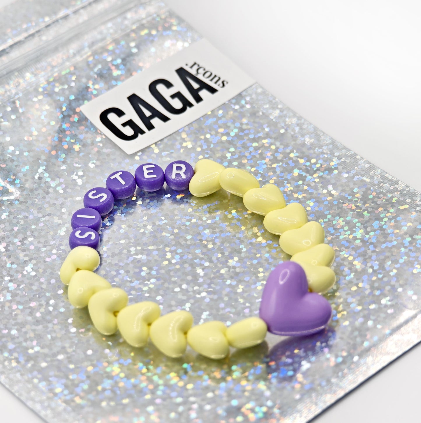 Bracelet GAGA - Jaune pâle, Violet et blanc & Maxi coeur Parme