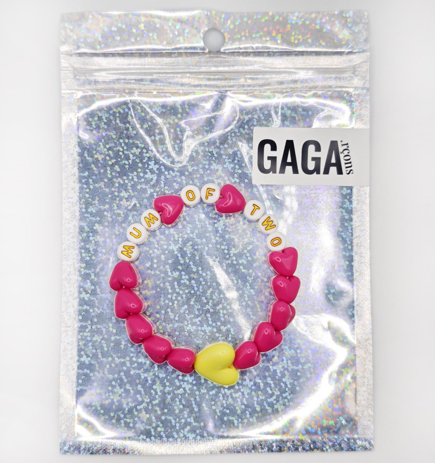 Bracelet GAGA - Fuchsia, Blanc doré & Maxi coeur Jaune flashy