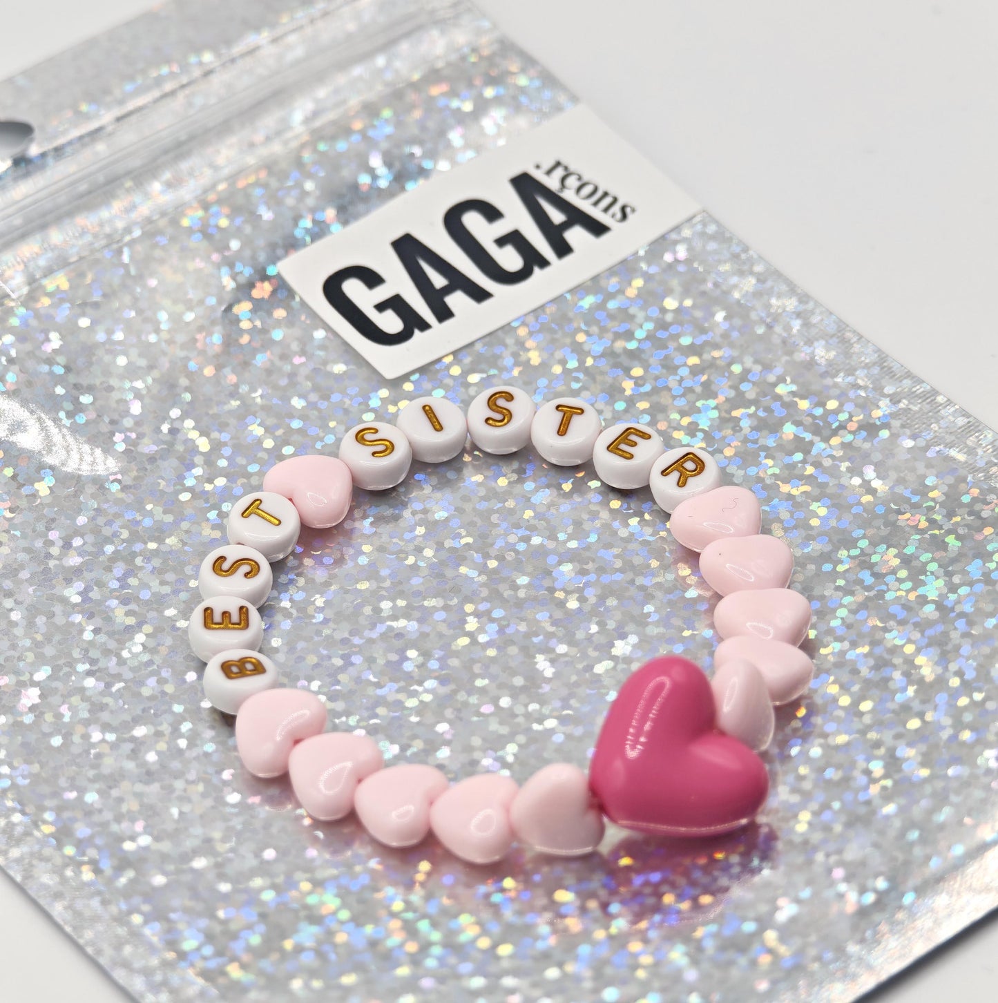 Bracelet GAGA - Rose pastel, Blanc doré & Maxi coeur Fuchsia