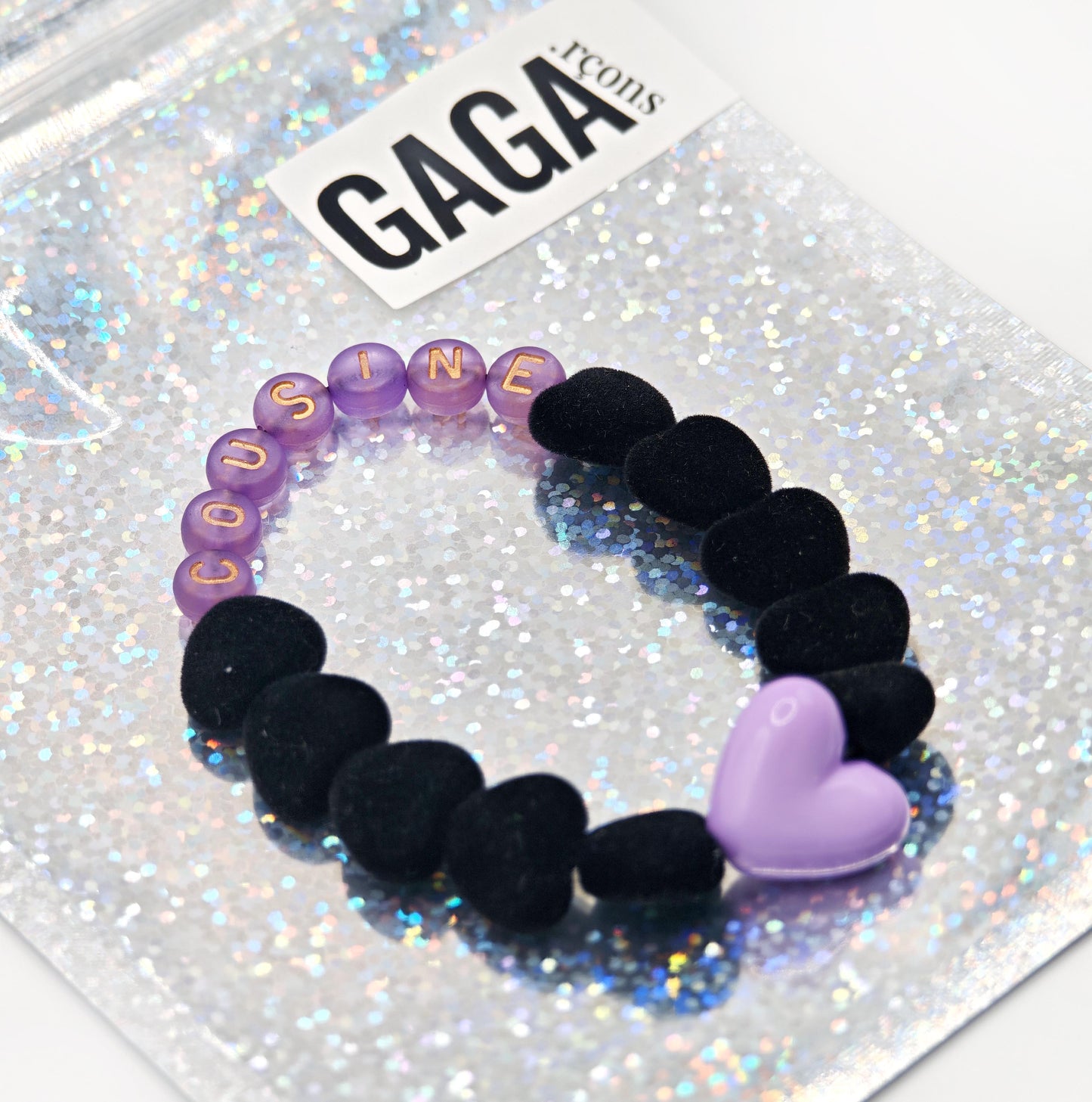 Bracelet GAGA - Velours Noir, Violet doré & Maxi cœur Lila