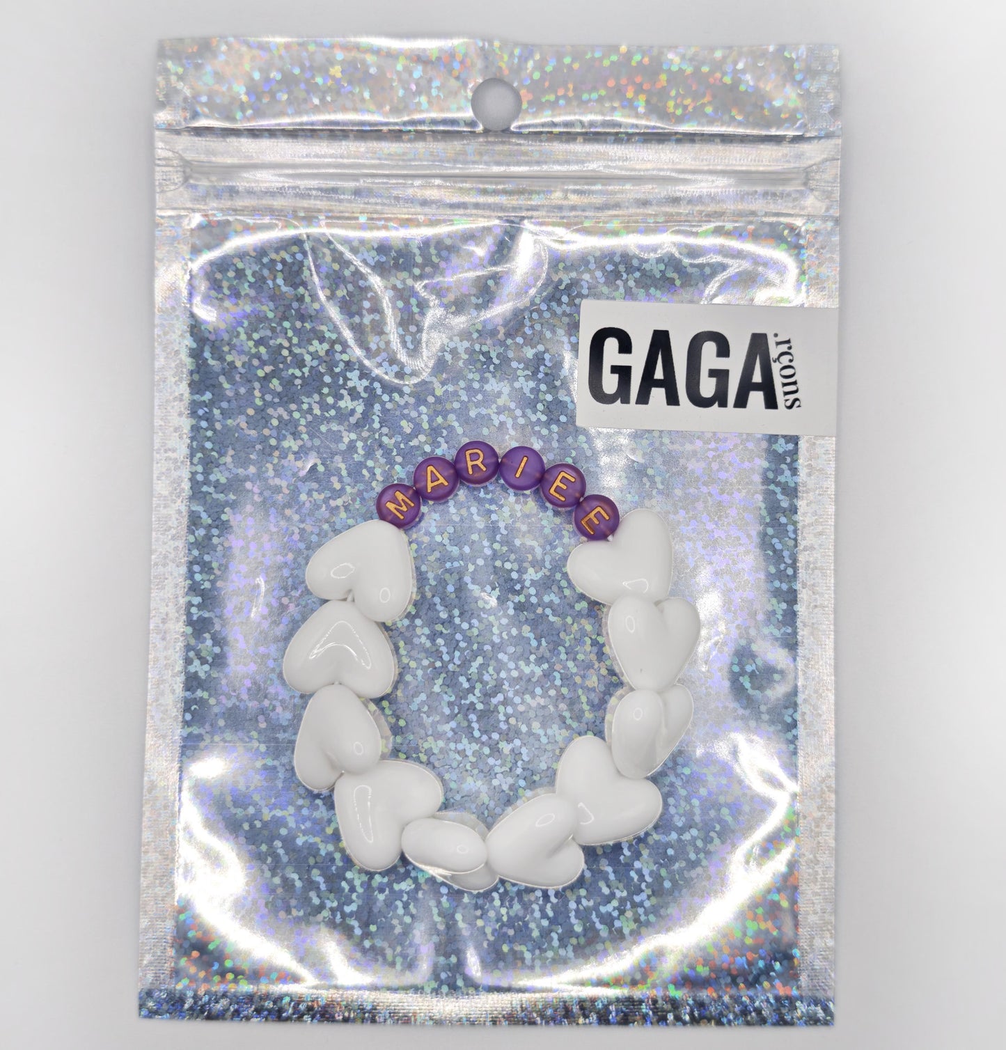 Bracelet GAGA - Full MAXI coeurs Blanc & Violet doré