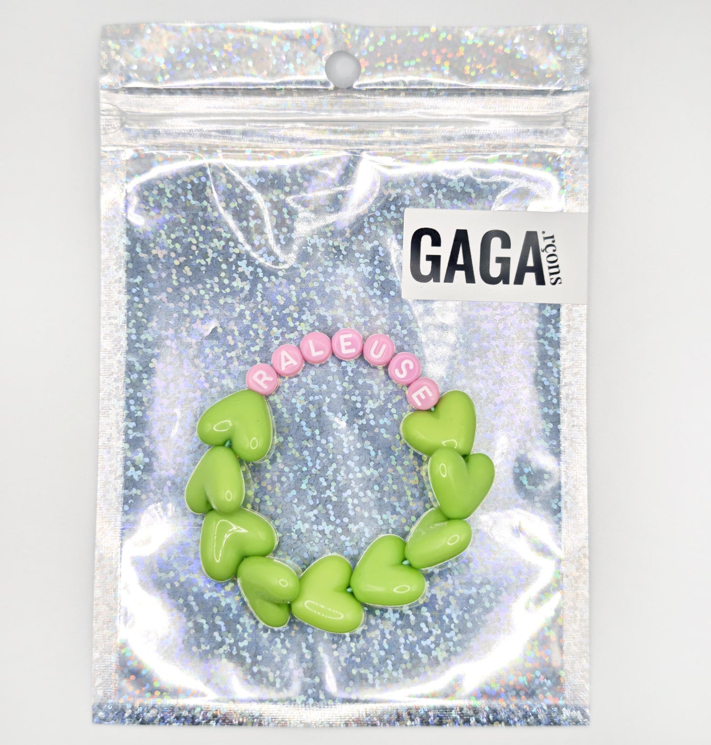 Bracelet GAGA - Full MAXI coeurs Vert & Lait fraise