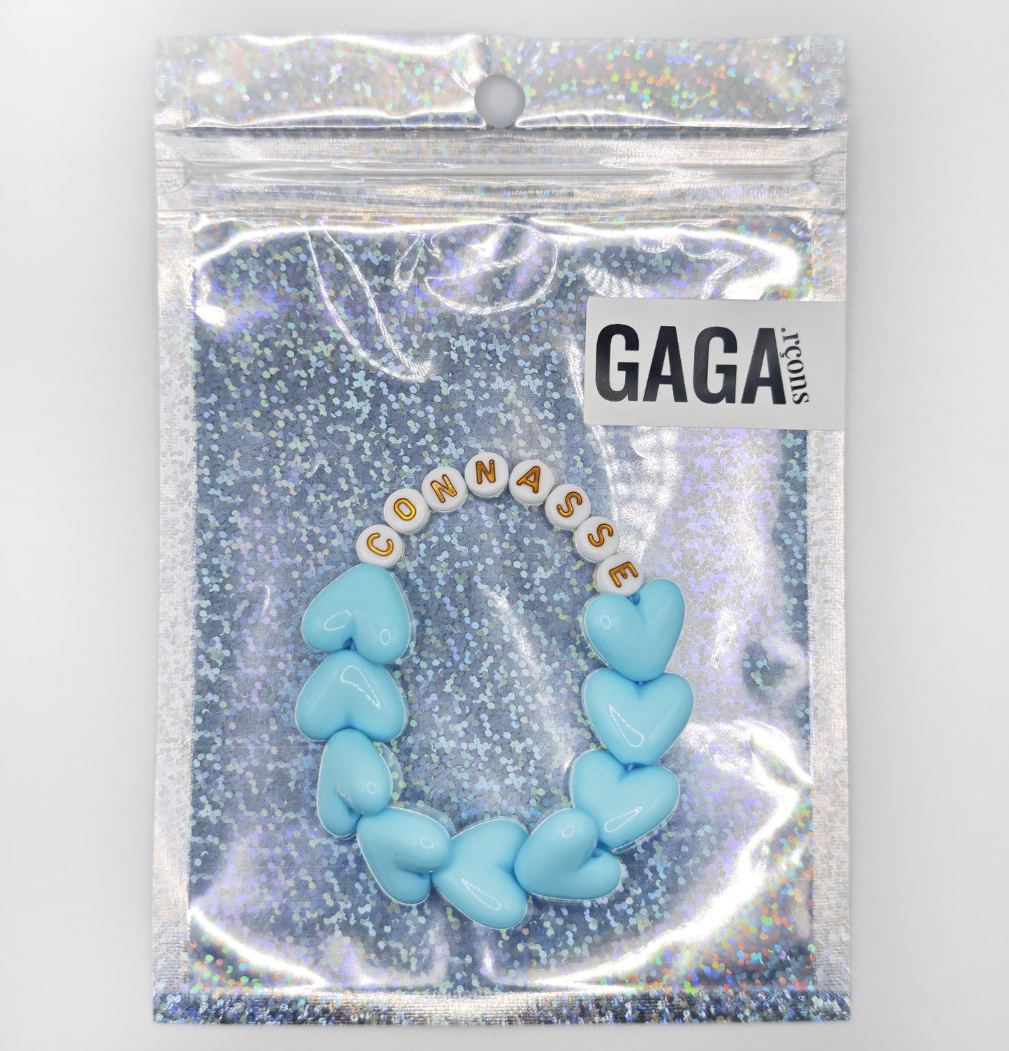 Bracelet GAGA - Full MAXI coeurs Bleu turquoise & Blanc doré