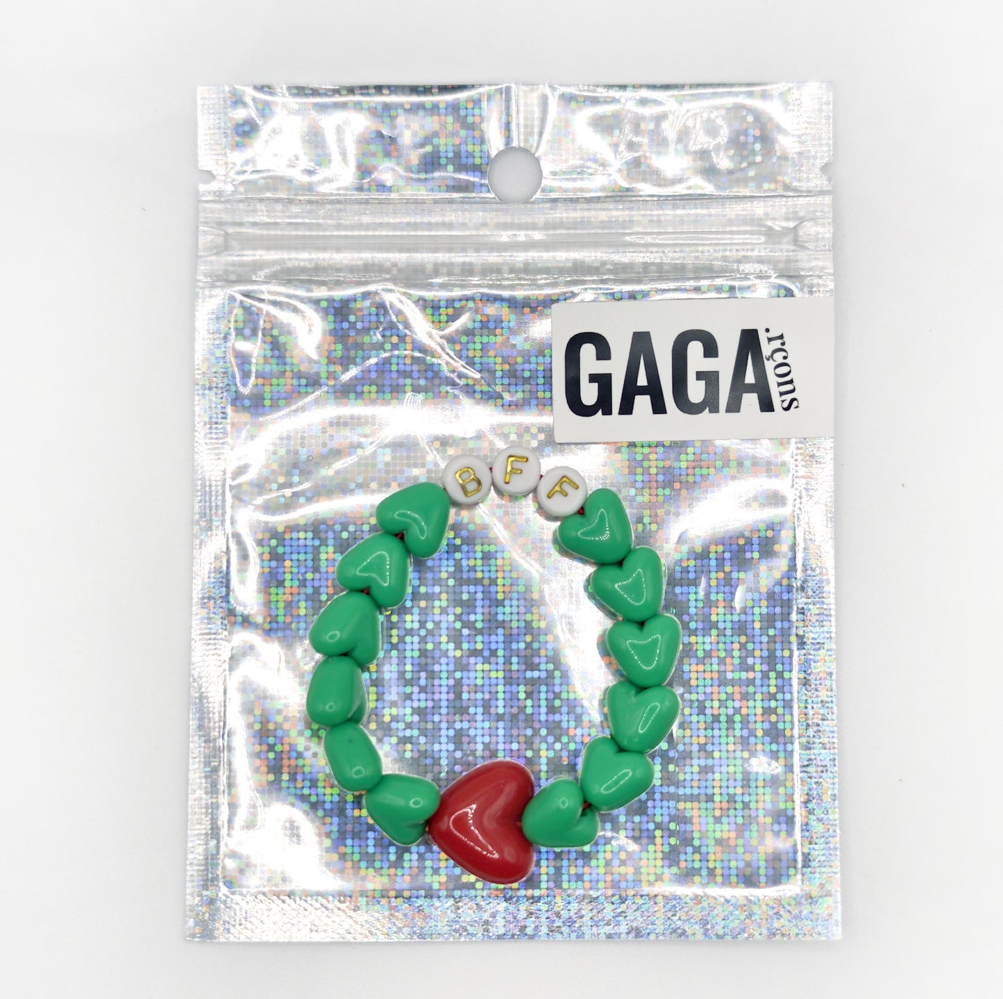 Bracelet GAGA - Vert flashy, Blanc doré & Maxi coeur Rouge