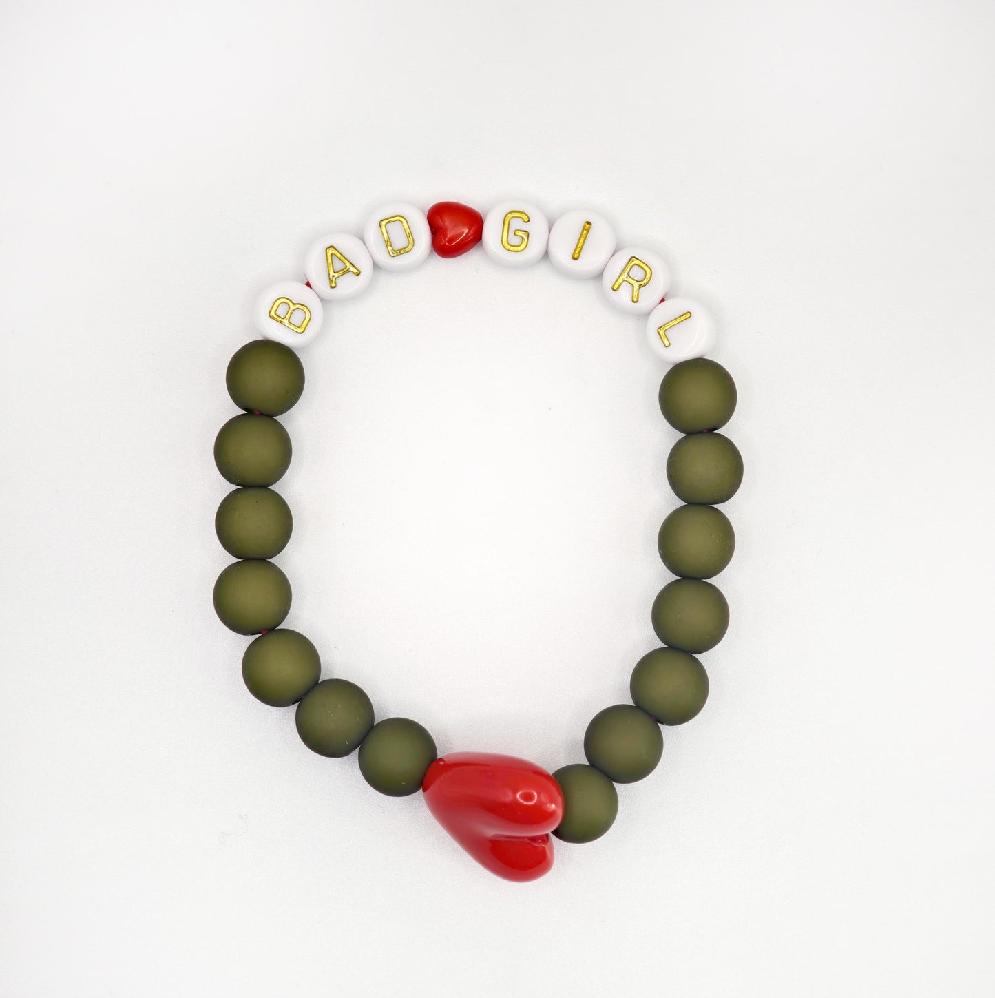 Bracelet GAGA - Kaki mat, Blanc doré & Maxi coeur Rouge