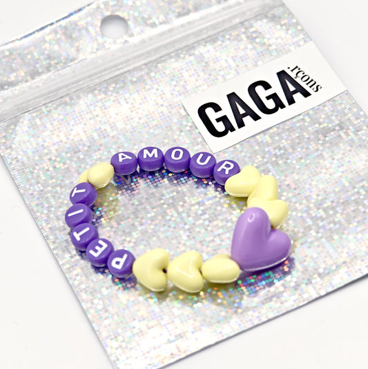 Bracelet GAGA - Jaune pâle, Violet et blanc & Maxi coeur Parme