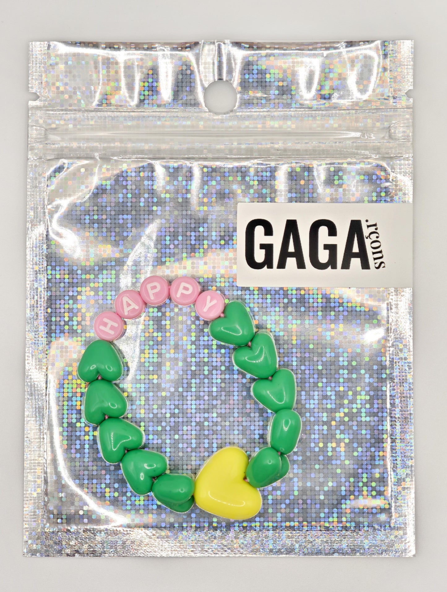 Bracelet GAGA - Vert Flashy, Lait fraise & Maxi coeur Jaune flashy