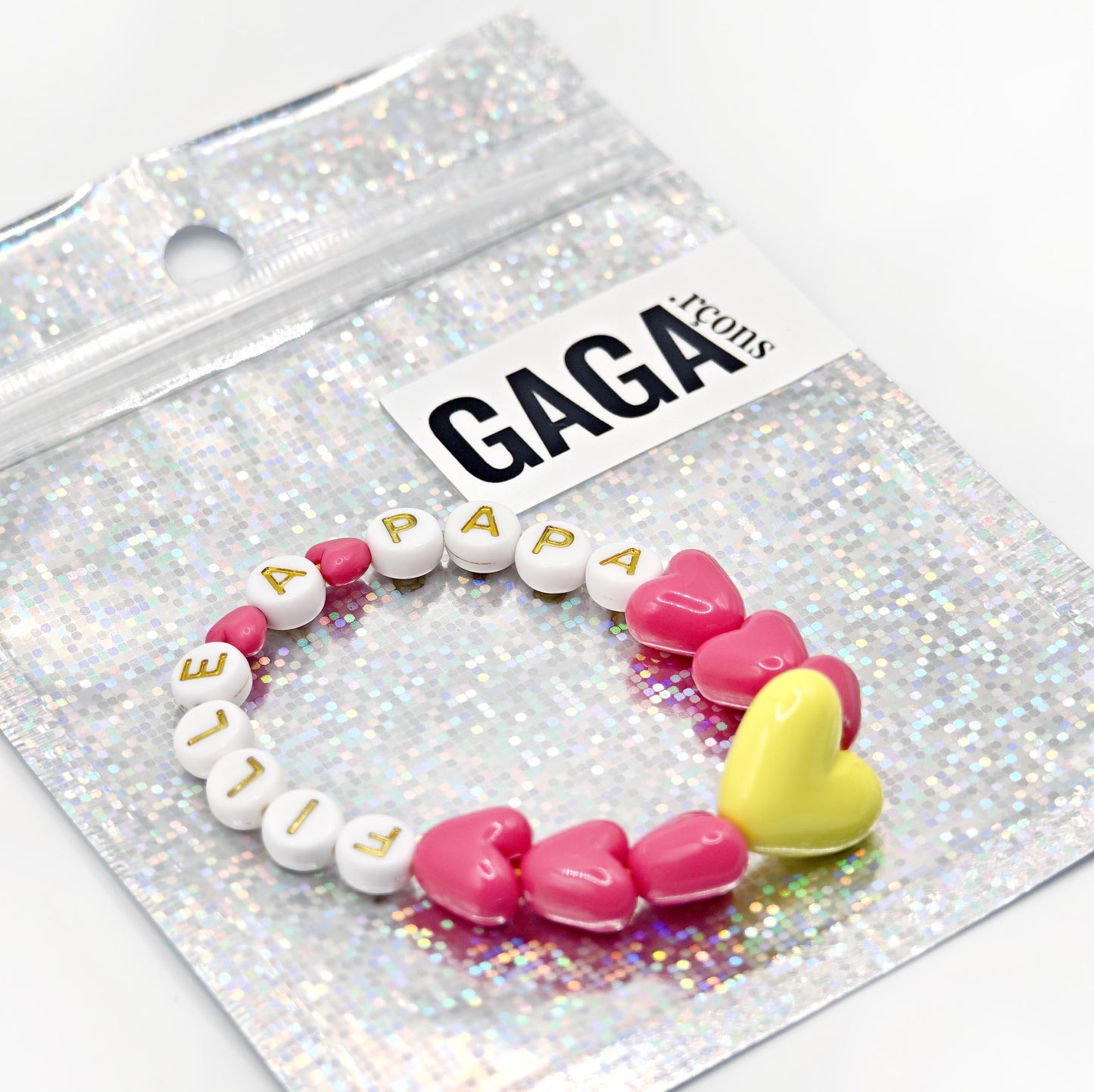 Bracelet GAGA - Fuchsia, Blanc doré & Maxi coeur Jaune