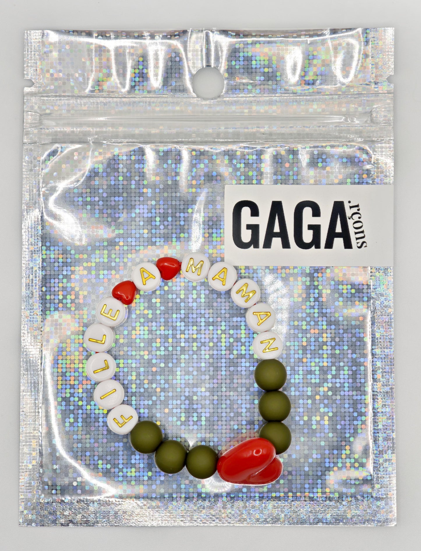 Bracelet GAGA - Kaki, Blanc doré & Maxi coeur Rouge