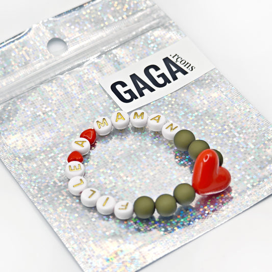 Bracelet GAGA - Kaki, Blanc doré & Maxi coeur Rouge