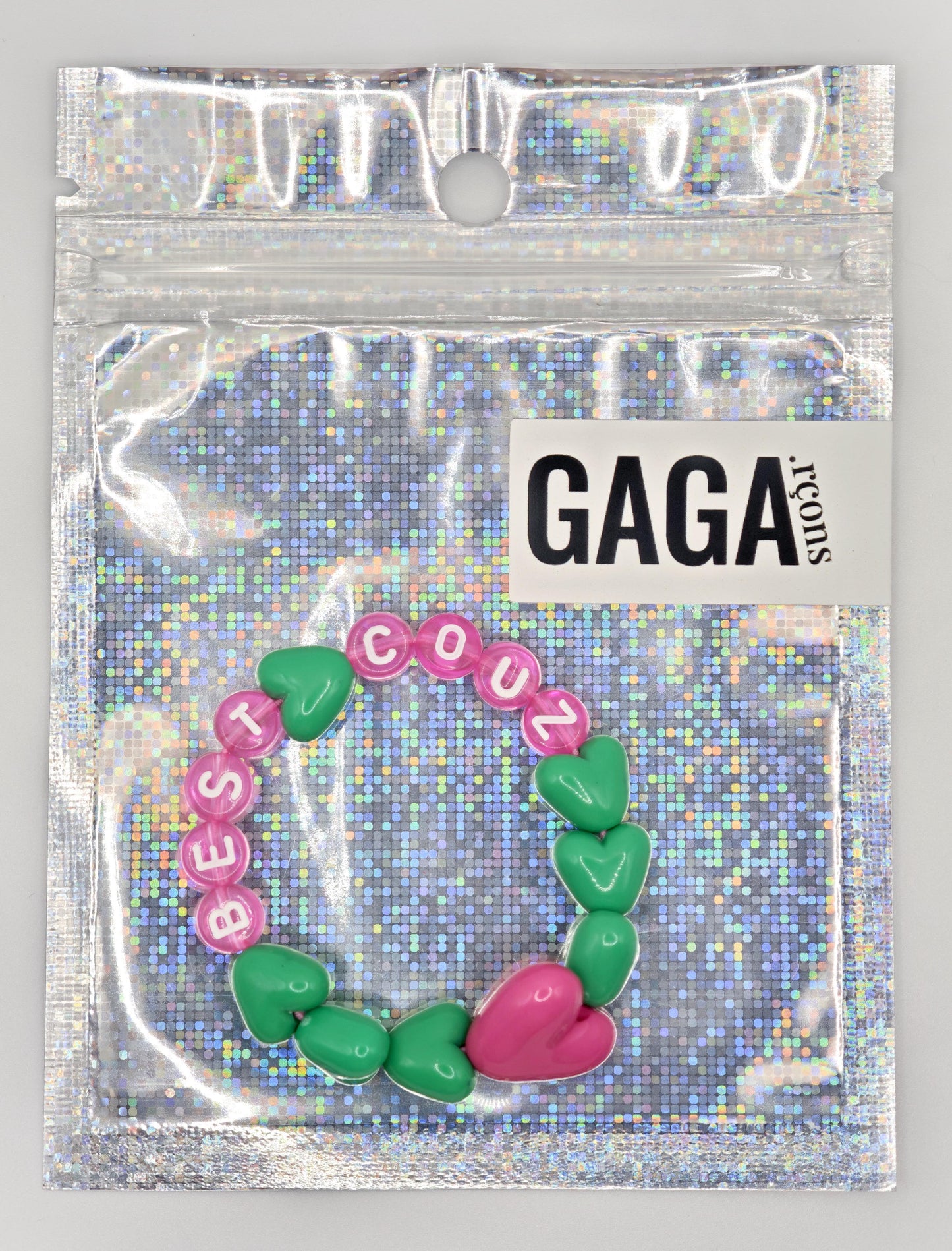 Bracelet GAGA - Vert, Rose flashy & Maxi coeur Fuchsia