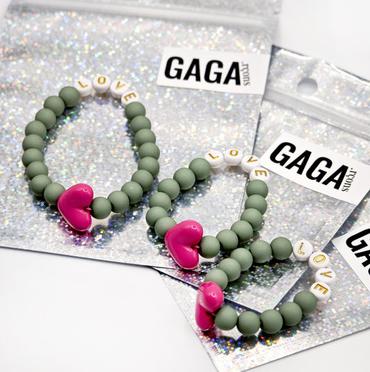 TRIo de Bracelets - Matcha, Blanc doré & Maxi coeur Fuchsia (1 adulte + 2 enfants)