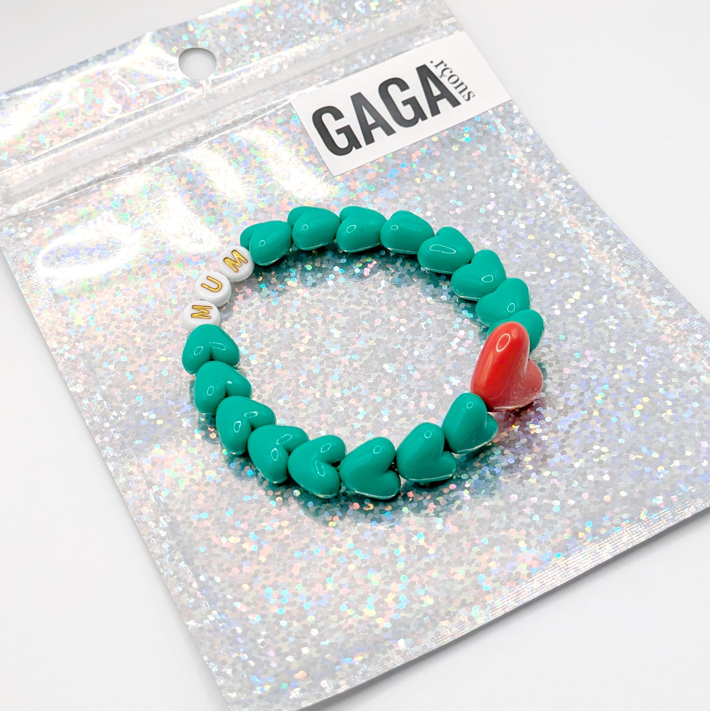 Bracelet GAGA - Vert flashy, Blanc doré & Maxi coeur Rouge