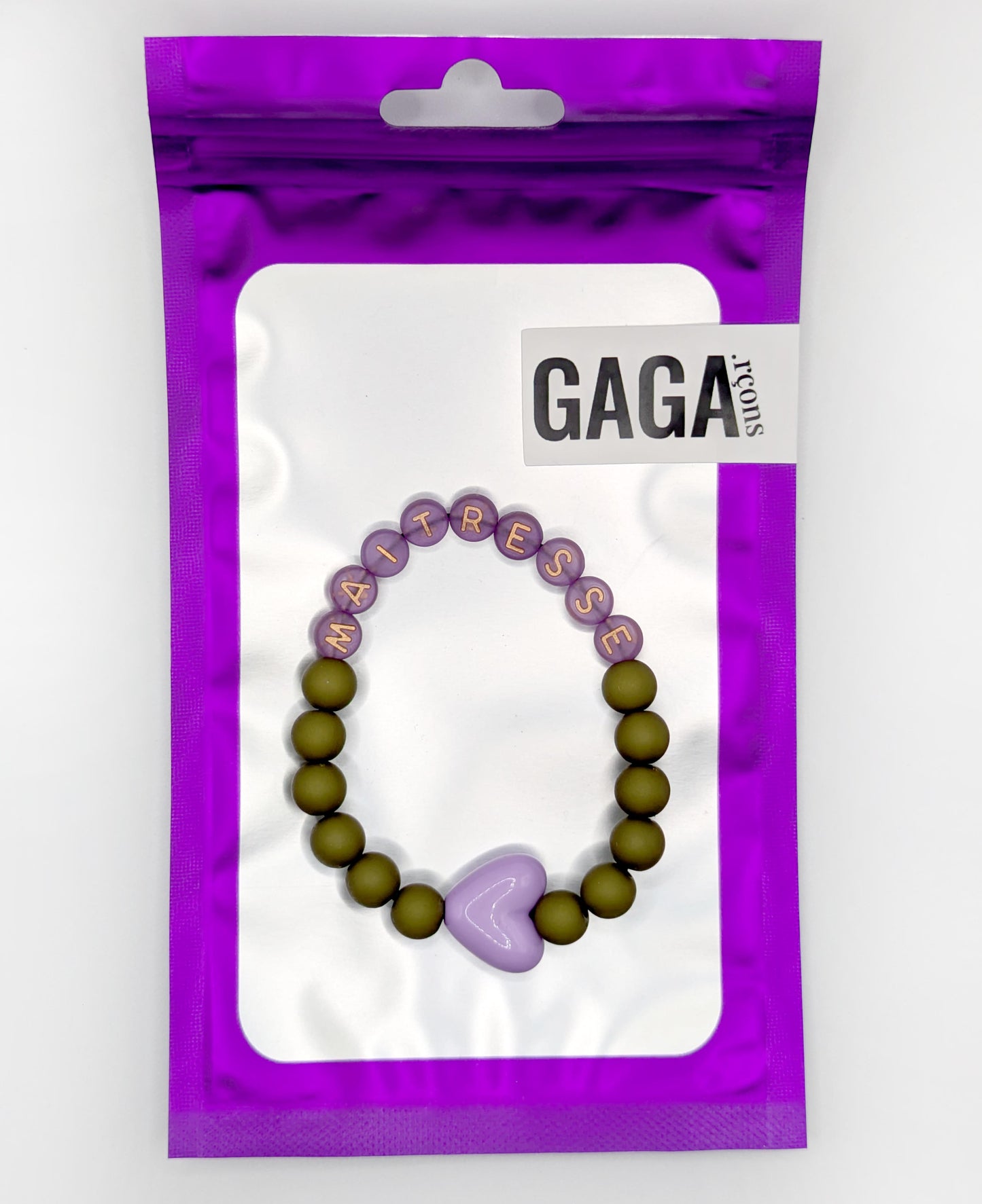 Bracelet GAGA - Kaki mat, Violet doré & Maxi coeur lila