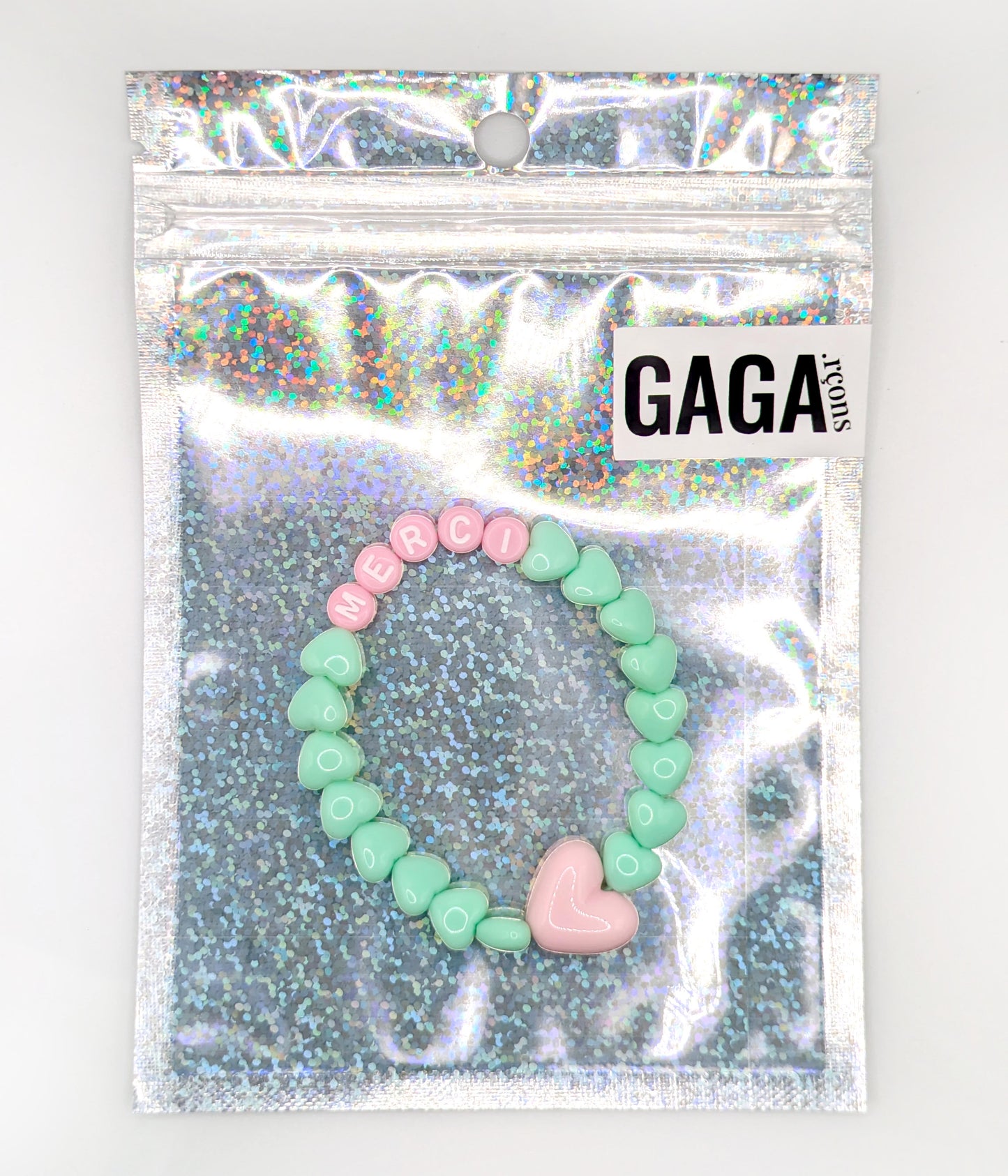 Bracelet GAGA - Menthe, Lait fraise & Maxi coeur Rose pastel