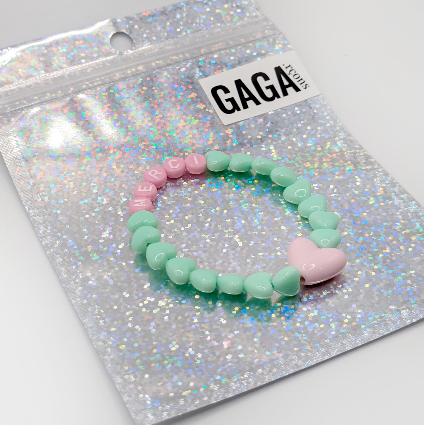 Bracelet GAGA - Menthe, Lait fraise & Maxi coeur Rose pastel