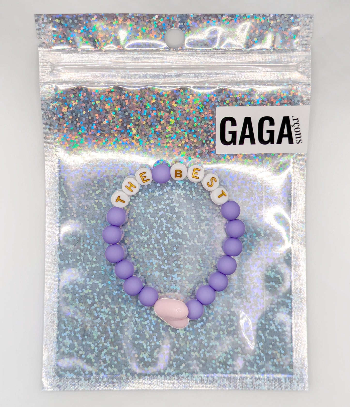 Bracelet GAGA - Violet, Blanc doré & Maxi coeur Rose pastel