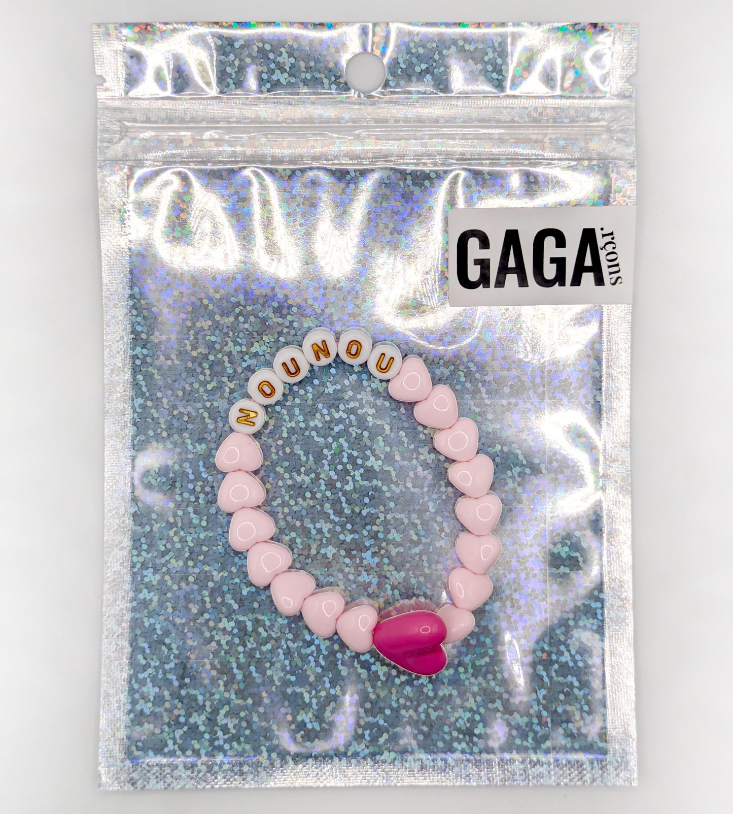 Bracelet GAGA - Rose pastel, Blanc doré & Maxi coeur Fuchsia