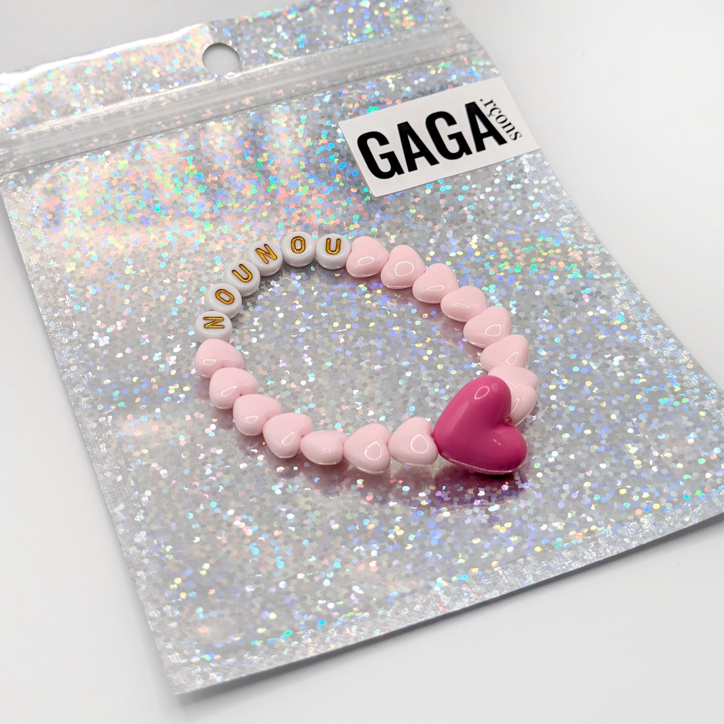 Bracelet GAGA - Rose pastel, Blanc doré & Maxi coeur Fuchsia