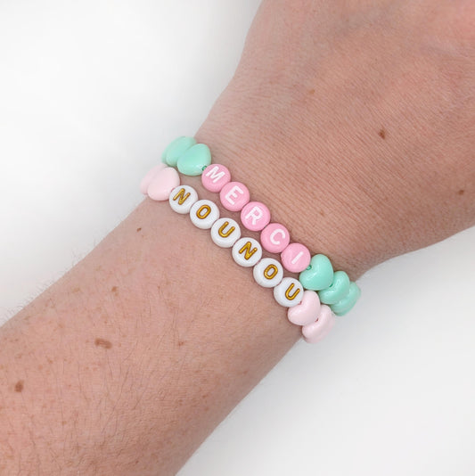 Bracelet GAGA - Menthe, Lait fraise & Maxi coeur Rose pastel
