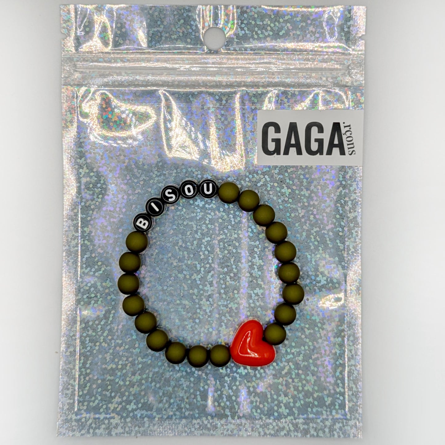 Bracelet GAGA - Kaki mat, Noir & Maxi coeur Rouge