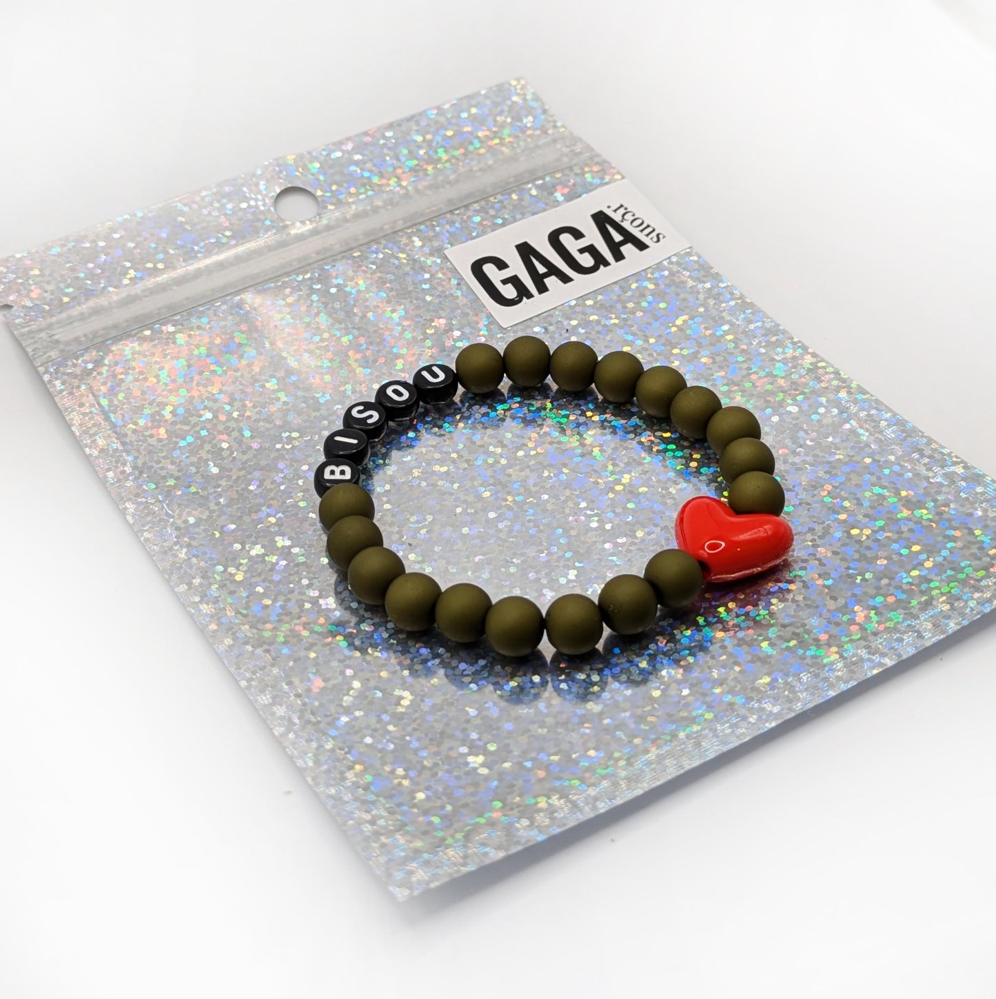 Bracelet GAGA - Kaki mat, Noir & Maxi coeur Rouge