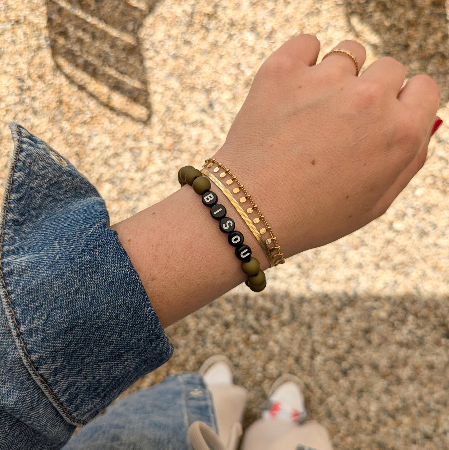 Bracelet GAGA - Kaki mat, Noir & Maxi coeur Rouge