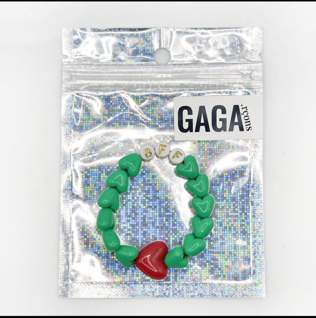 Bracelet GAGA - Vert flashy, Blanc doré & Maxi coeur Rouge