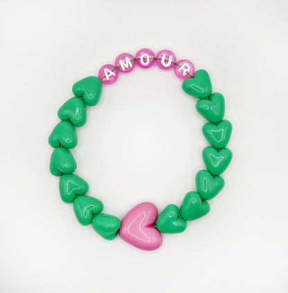 Bracelet GAGA - Vert flashy, Rose et Blanc & Maxi coeur Fuchsia