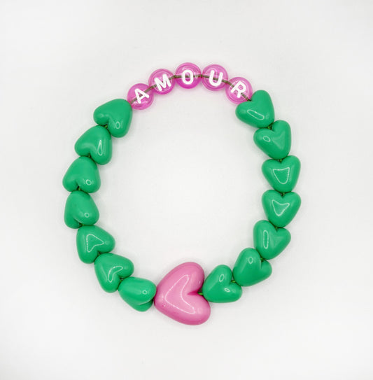 Bracelet GAGA - Vert flashy, Rose et Blanc & Maxi coeur Fuchsia