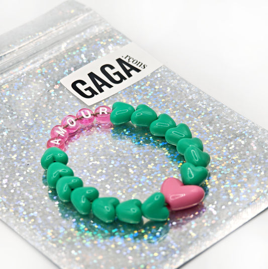 Bracelet GAGA - Vert flashy, Rose et Blanc & Maxi coeur Fuchsia
