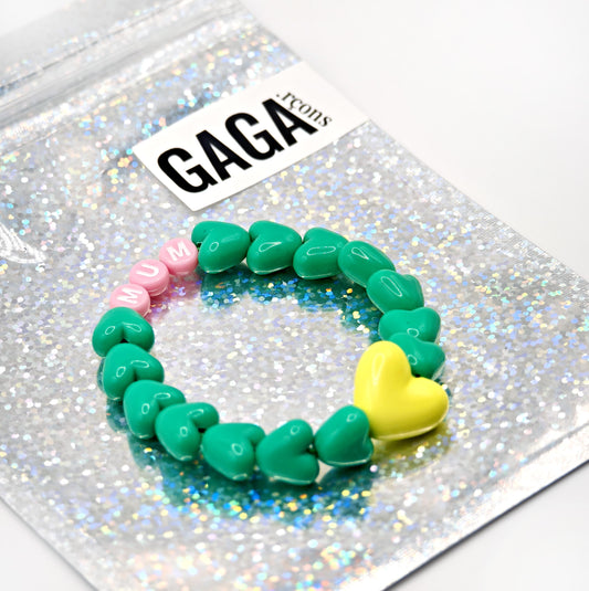 Bracelet GAGA - Vert flashy, Rose et Blanc & Maxi coeur Jaune flashy