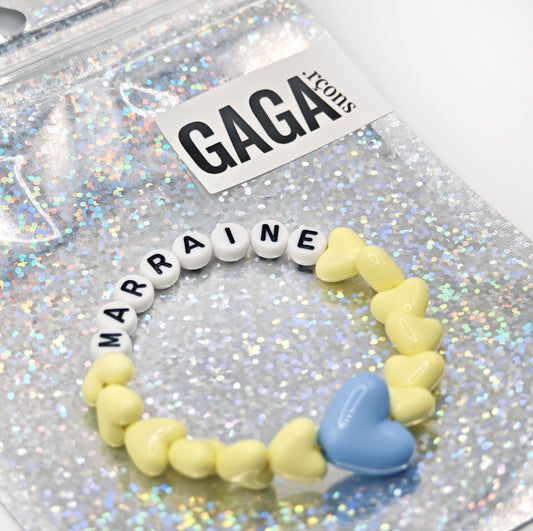 Bracelet GAGA - Jaune pâle, Blanc et noir & Maxi coeur Bleu