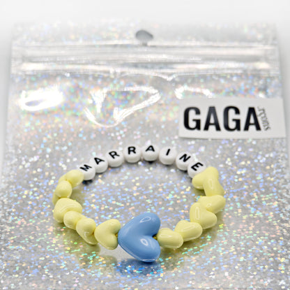 Bracelet GAGA - Jaune pâle, Blanc et noir & Maxi coeur Bleu