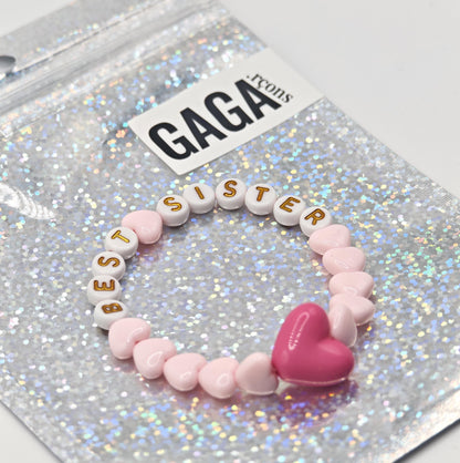 Bracelet GAGA - Rose pastel, Blanc doré & Maxi coeur Fuchsia