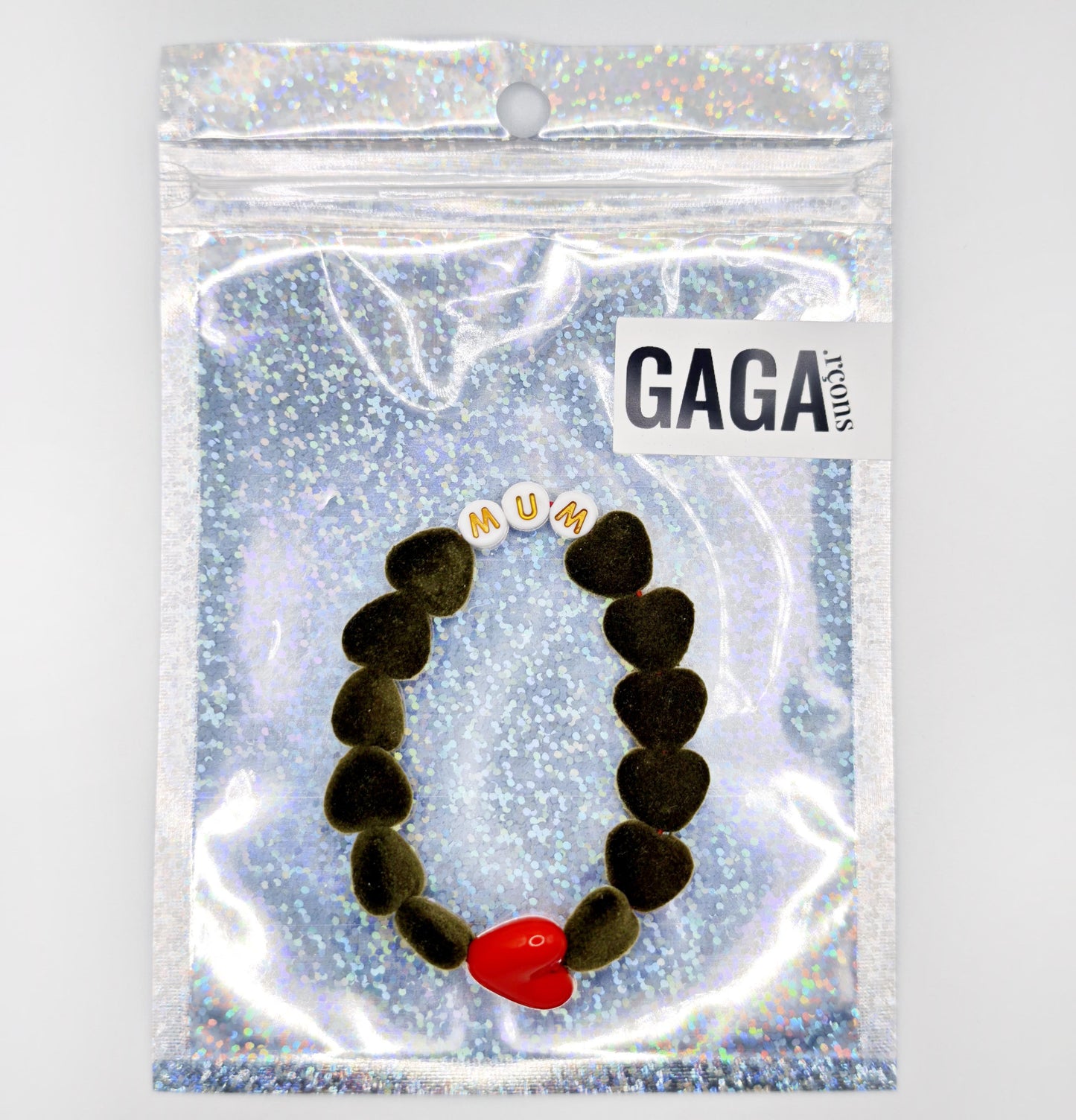 Bracelet GAGA - Velours Vert forêt, Blanc doré & Maxi cœur Rouge