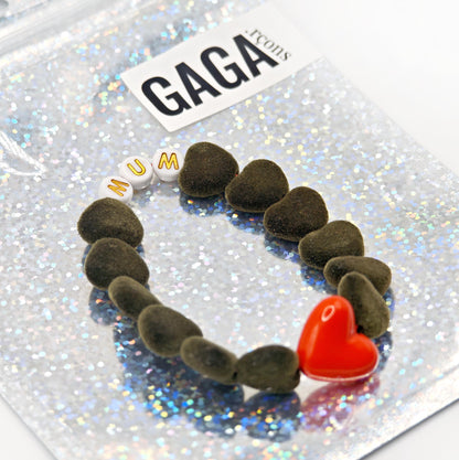 Bracelet GAGA - Velours Vert forêt, Blanc doré & Maxi cœur Rouge