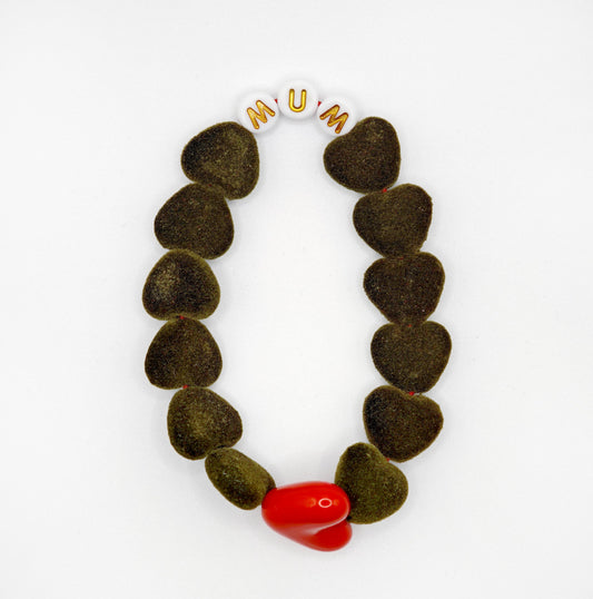 Bracelet GAGA - Velours Vert forêt, Blanc doré & Maxi cœur Rouge