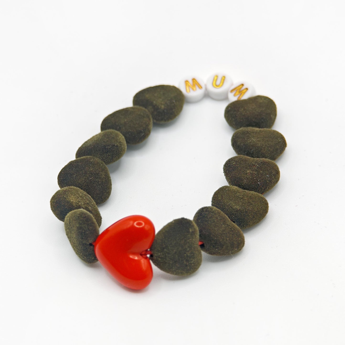 Bracelet GAGA - Velours Vert forêt, Blanc doré & Maxi cœur Rouge