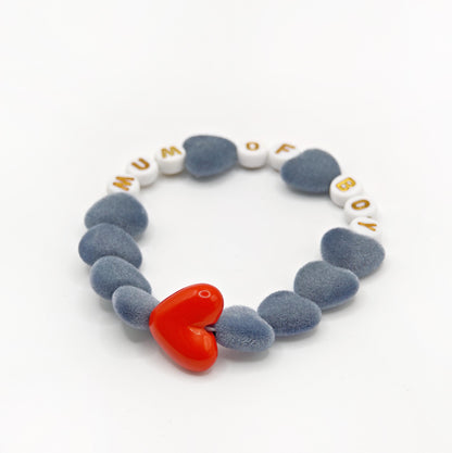 Bracelet GAGA - Velours Gris souris, Blanc doré & Maxi cœur Rouge